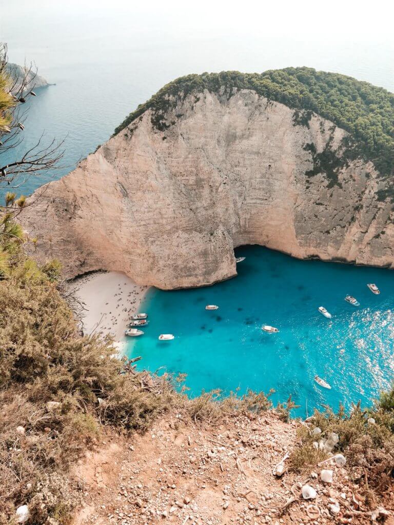 Breathtaking view of Navagio Beach, a Zakynthos hidden gem, seen from the famous lookout point