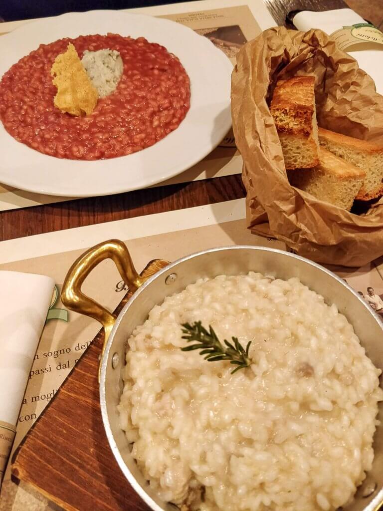 Risotto options in Risotteria Melotti  in Rome. Traditional Taste of Isola della Scala and Red Beet Root and Gorgonzola cheese