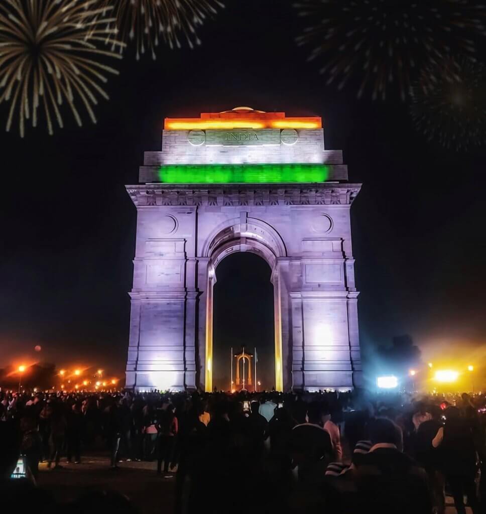 The majestic India Gate, a significant historical site under wonderful fireworks!