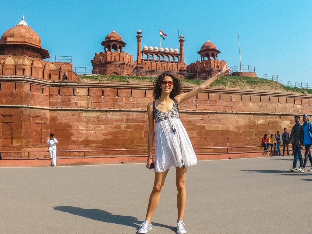 Kate posing outside the Red Fort (LAL QILA), a prominent historical landmark in New Delhi
