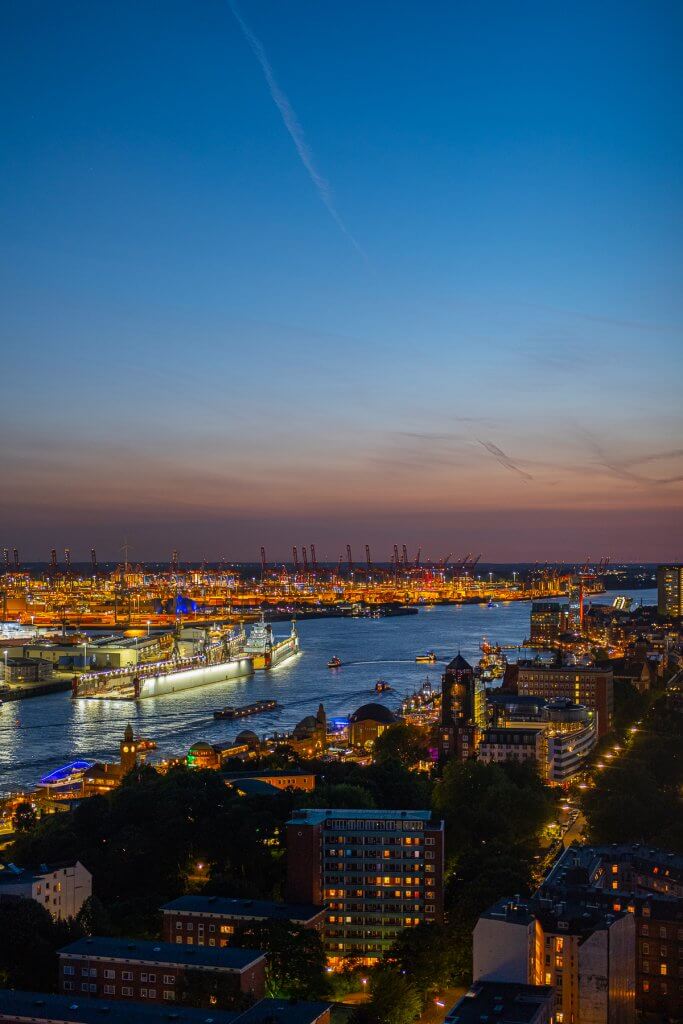 Panoramic west view from Saint Michael's church tower, featuring Hamburg bridges