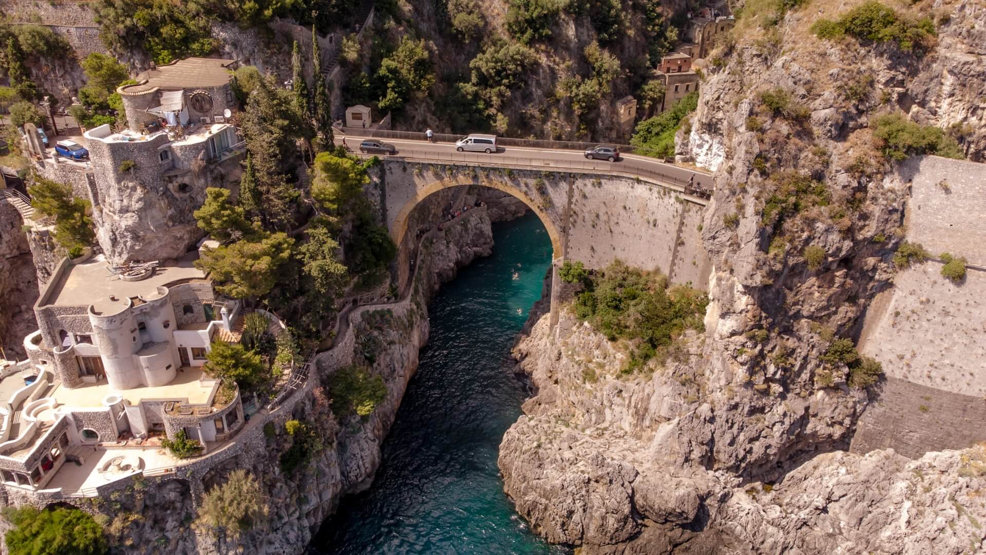 Fiordo di furore bridge from a drone